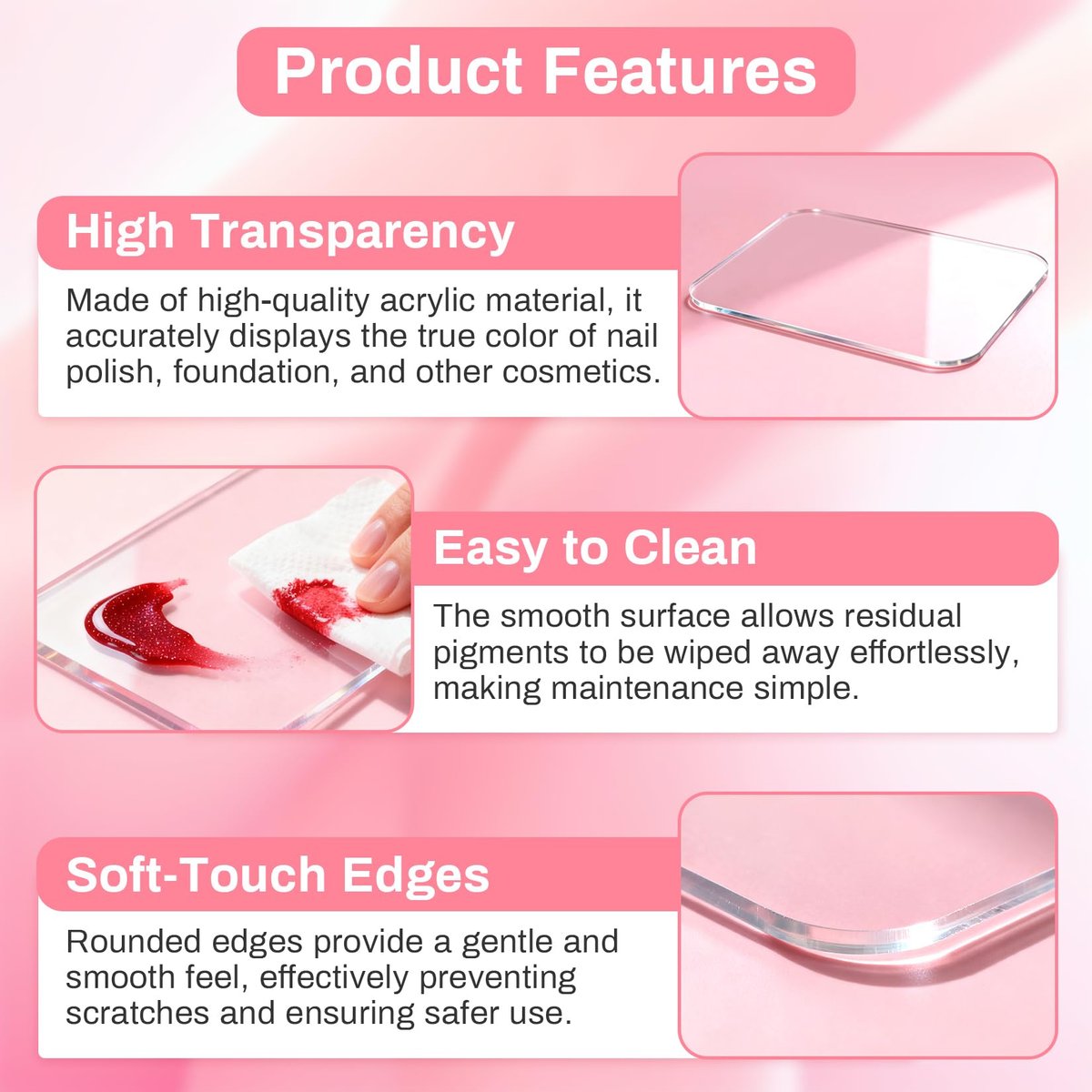 RAQEHO Acrylic Nail Art Palette - Transparent Nail Gel Polish Paint Mixing Pallet Design Plate for Nail Art Foundation Makeup Mixing Tray Display Stand Manicure Tools Supplies (3.15"×4.72") - görsel 5
