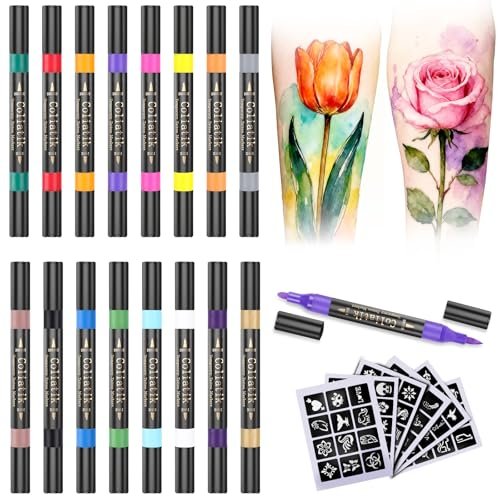 Coliatik Temporary Tattoo Markers for Skin – Dual-End 16 Colors + 80 Stencils Kit, Skin-Safe Washable Cosmetic-Grade Body Art Pens for Kids & Adults Avelisse