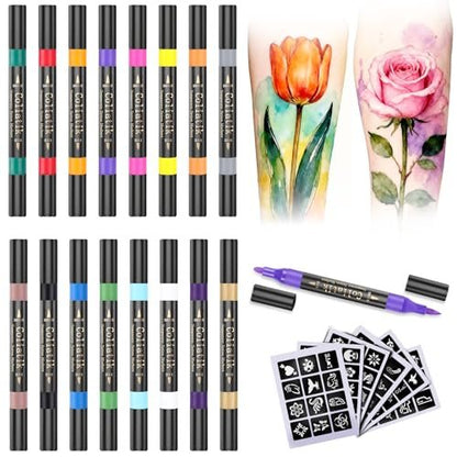 Coliatik Temporary Tattoo Markers for Skin – Dual-End 16 Colors + 80 Stencils Kit, Skin-Safe Washable Cosmetic-Grade Body Art Pens for Kids & Adults Avelisse