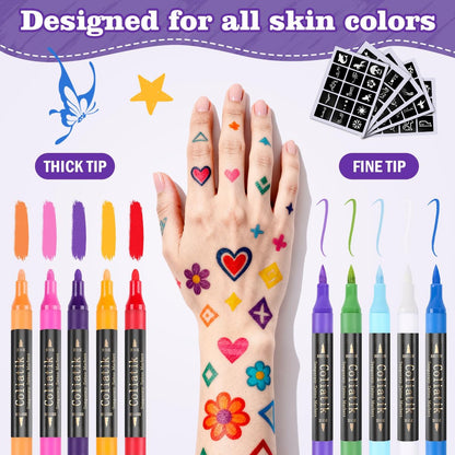 Coliatik Temporary Tattoo Markers for Skin – Dual-End 16 Colors + 80 Stencils Kit, Skin-Safe Washable Cosmetic-Grade Body Art Pens for Kids & Adults Avelisse