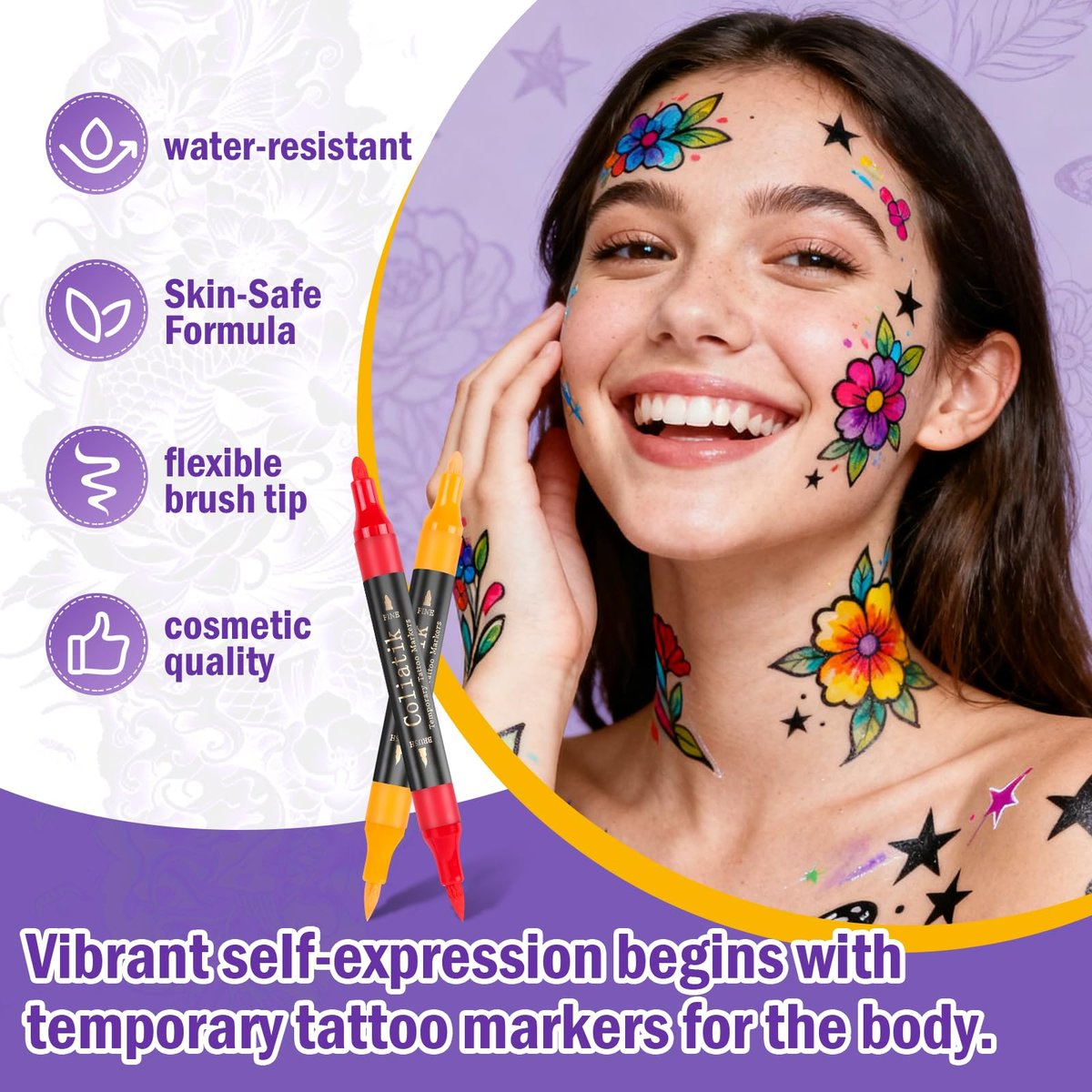Coliatik Temporary Tattoo Markers for Skin – Dual-End 16 Colors + 80 Stencils Kit, Skin-Safe Washable Cosmetic-Grade Body Art Pens for Kids & Adults Avelisse