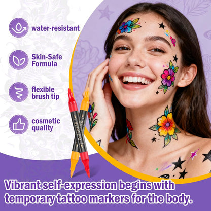 Coliatik Temporary Tattoo Markers for Skin – Dual-End 16 Colors + 80 Stencils Kit, Skin-Safe Washable Cosmetic-Grade Body Art Pens for Kids & Adults Avelisse
