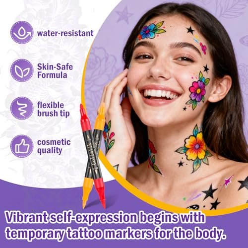 Coliatik Temporary Tattoo Markers for Skin – Dual-End 16 Colors + 80 Stencils Kit, Skin-Safe Washable Cosmetic-Grade Body Art Pens for Kids & Adults Avelisse