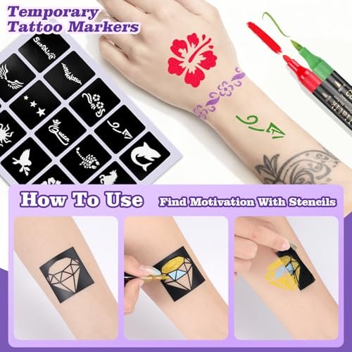 Coliatik Temporary Tattoo Markers for Skin – Dual-End 16 Colors + 80 Stencils Kit, Skin-Safe Washable Cosmetic-Grade Body Art Pens for Kids & Adults Avelisse