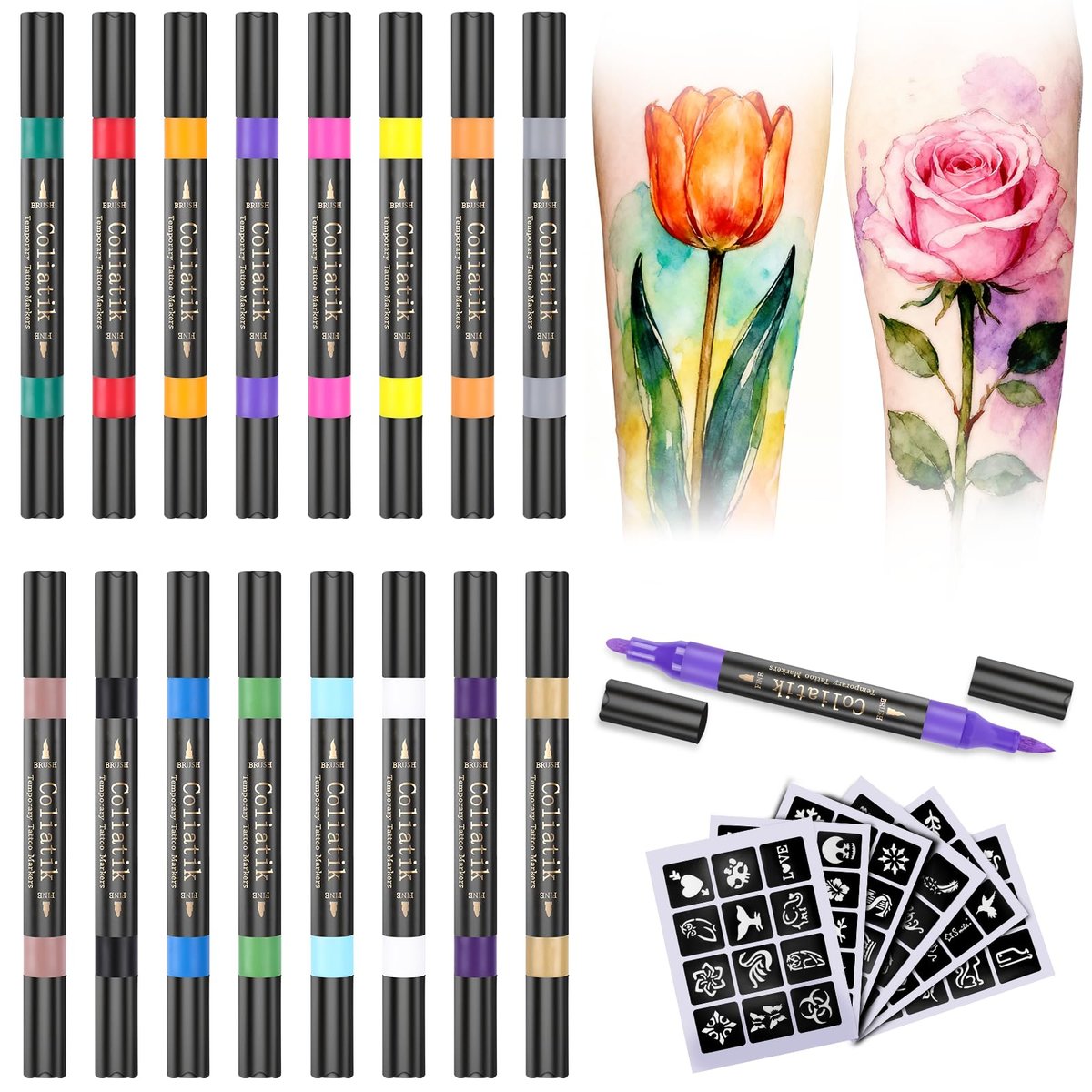 Coliatik Temporary Tattoo Markers for Skin – Dual-End 16 Colors + 80 Stencils Kit, Skin-Safe Washable Cosmetic-Grade Body Art Pens for Kids & Adults Avelisse