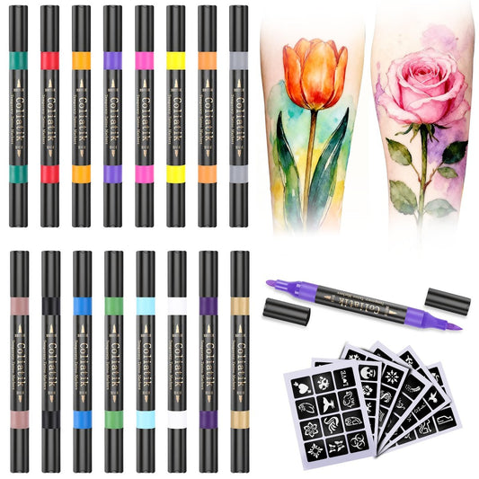 Coliatik Temporary Tattoo Markers for Skin – Dual-End 16 Colors + 80 Stencils Kit, Skin-Safe Washable Cosmetic-Grade Body Art Pens for Kids & Adults Avelisse