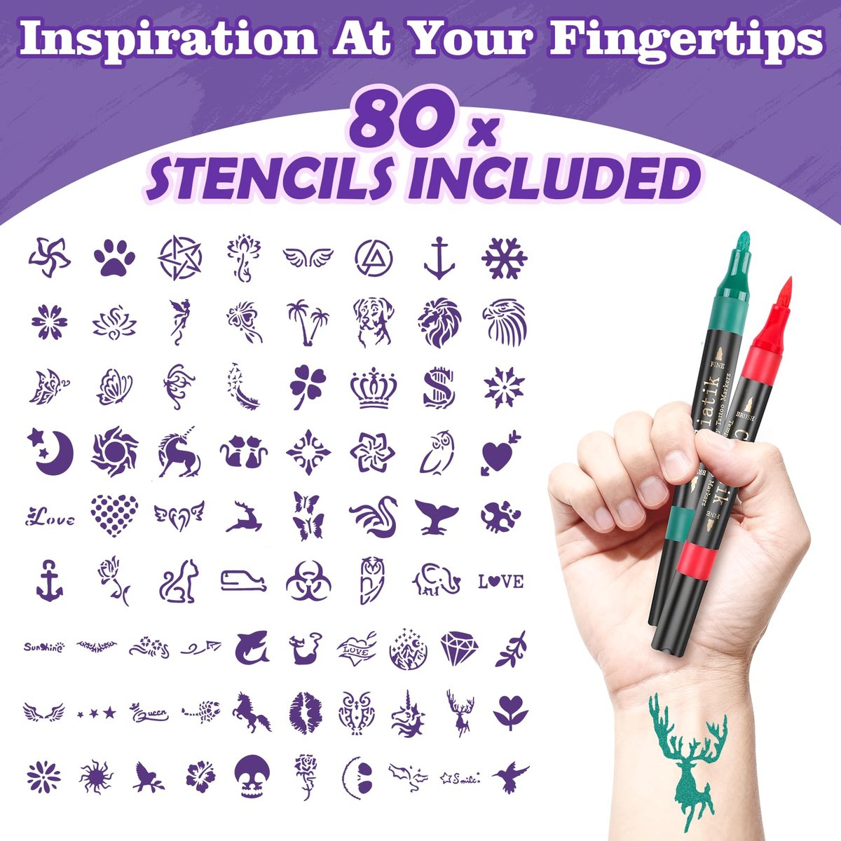 Coliatik Temporary Tattoo Markers for Skin – Dual-End 16 Colors + 80 Stencils Kit, Skin-Safe Washable Cosmetic-Grade Body Art Pens for Kids & Adults Avelisse