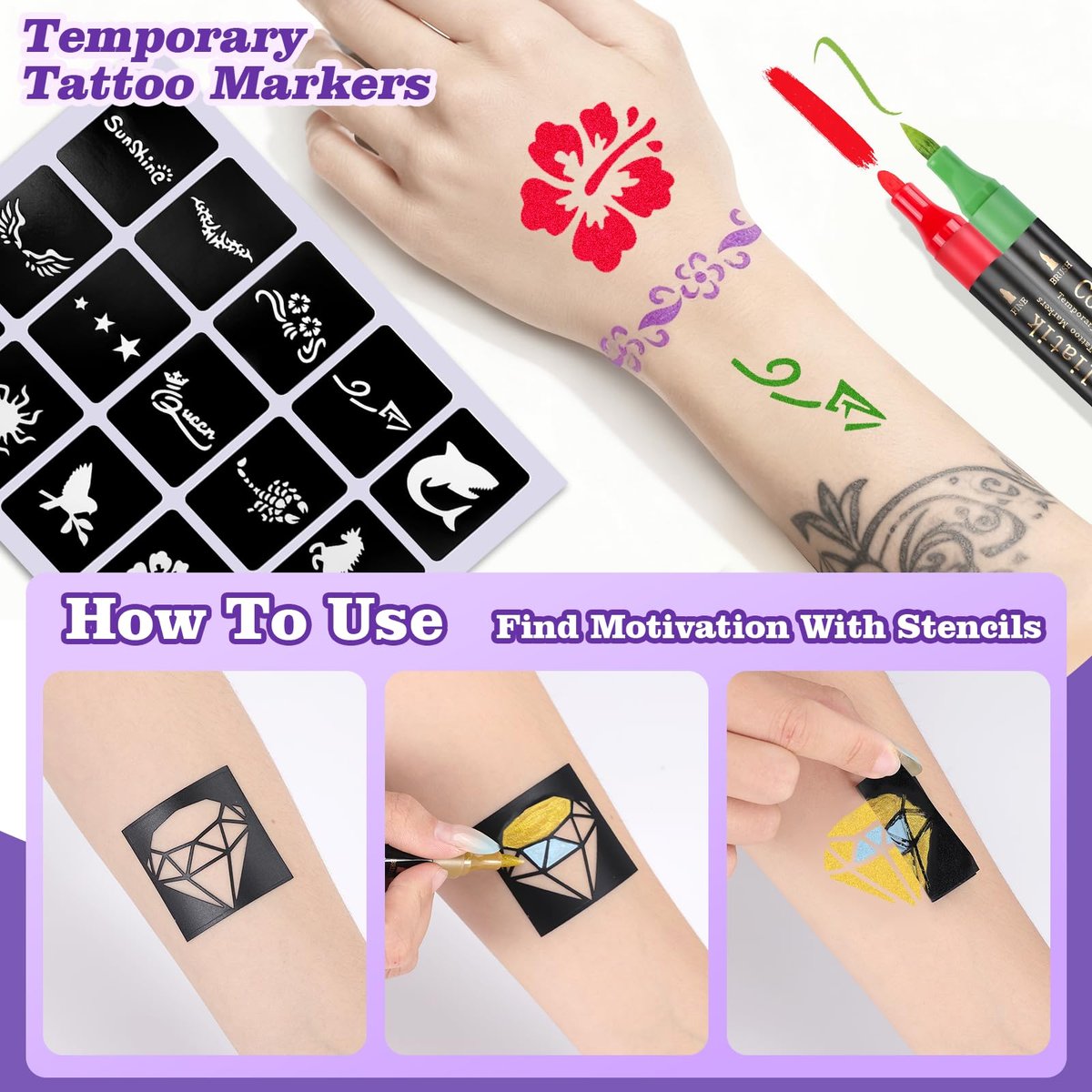 Coliatik Temporary Tattoo Markers for Skin – Dual-End 16 Colors + 80 Stencils Kit, Skin-Safe Washable Cosmetic-Grade Body Art Pens for Kids & Adults Avelisse
