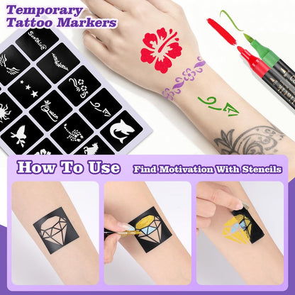 Coliatik Temporary Tattoo Markers for Skin – Dual-End 16 Colors + 80 Stencils Kit, Skin-Safe Washable Cosmetic-Grade Body Art Pens for Kids & Adults Avelisse