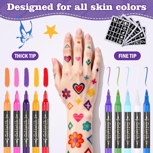 Coliatik Temporary Tattoo Markers for Skin – Dual-End 16 Colors + 80 Stencils Kit, Skin-Safe Washable Cosmetic-Grade Body Art Pens for Kids & Adults Avelisse