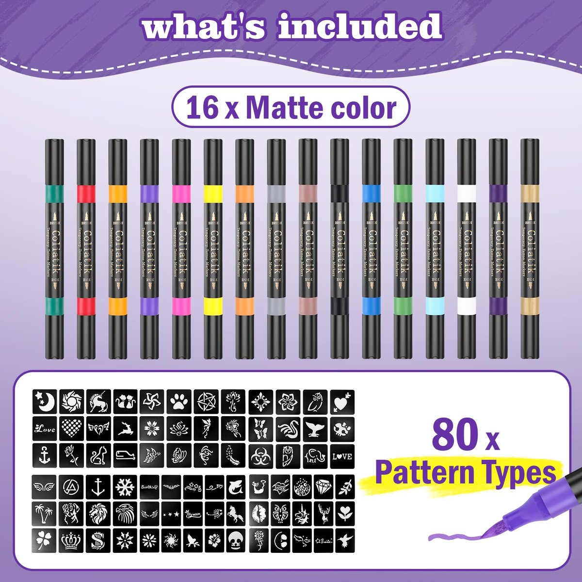 Coliatik Temporary Tattoo Markers for Skin – Dual-End 16 Colors + 80 Stencils Kit, Skin-Safe Washable Cosmetic-Grade Body Art Pens for Kids & Adults Avelisse