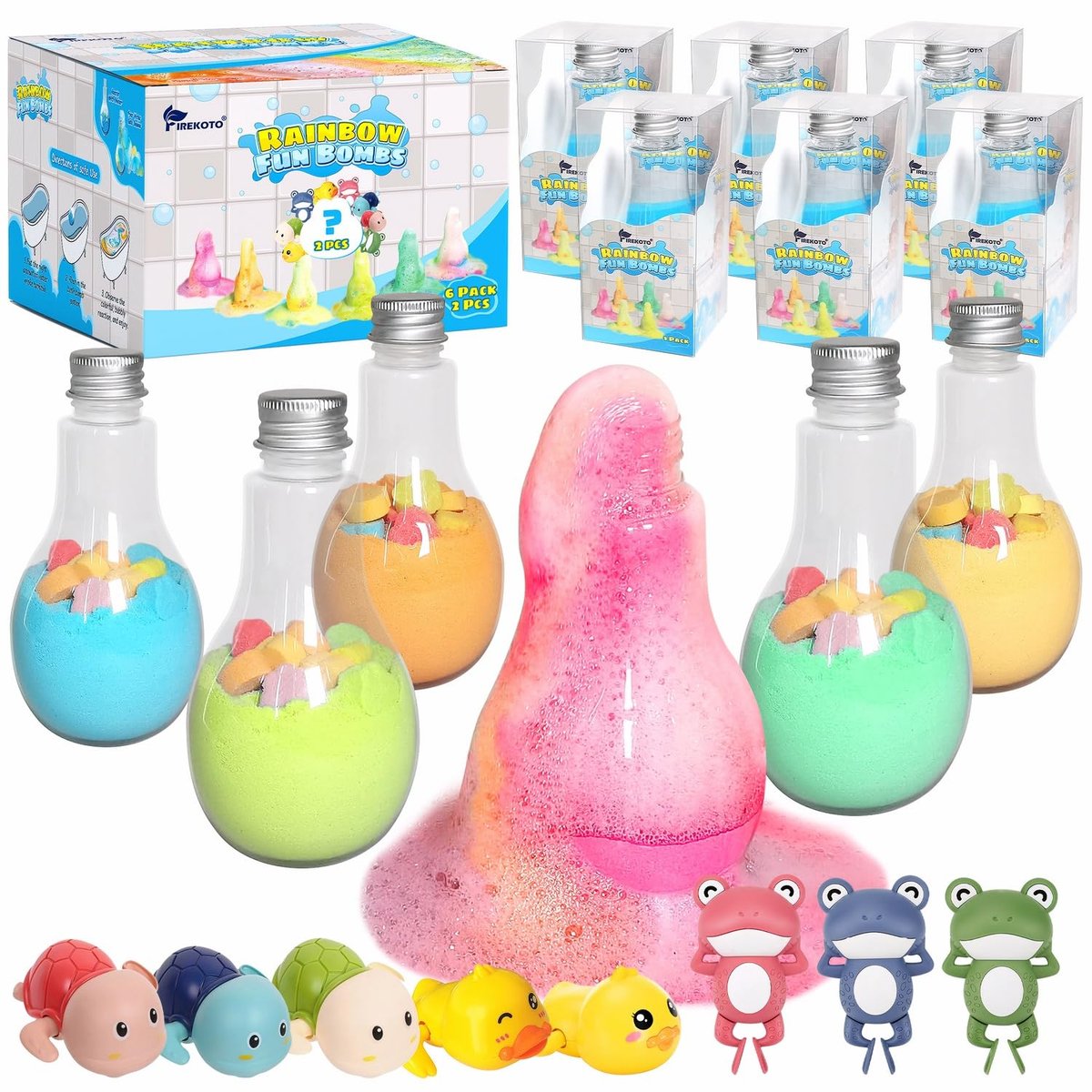 Firekoto 8-Pack Purely Handmade Kids Rainbow Interactive Bath Bombs - Organic Colorful Bubble Bath for Kids, Safe Birthday, Party, Easter Gift Set for Girls and Boys Avelisse