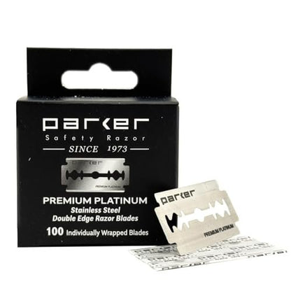 Parker Premium Platinum Double Edge Safety Razor Blades - 100 Count Salon Pack | Swedish Steel, Platinum-Tungsten-Chromium Coated | Smooth, Comfortable Shave for Barbershop & Home Use
