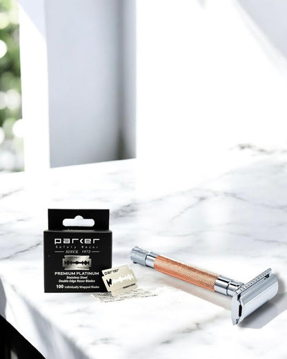 Parker Premium Platinum Double Edge Safety Razor Blades - 100 Count Salon Pack | Swedish Steel, Platinum-Tungsten-Chromium Coated | Smooth, Comfortable Shave for Barbershop & Home Use
