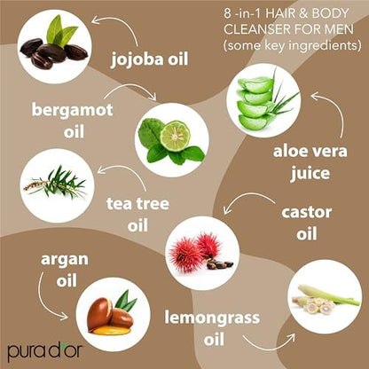 PURA D'OR 8-in-1 Hair & Body Cleanser for Men – Sulfate-Free Multi-Use Wash (24 oz) with Organic Aloe Vera, Cedarwood & Lemongrass Avelisse