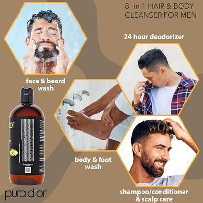PURA D'OR 8-in-1 Hair & Body Cleanser for Men – Sulfate-Free Multi-Use Wash (24 oz) with Organic Aloe Vera, Cedarwood & Lemongrass Avelisse