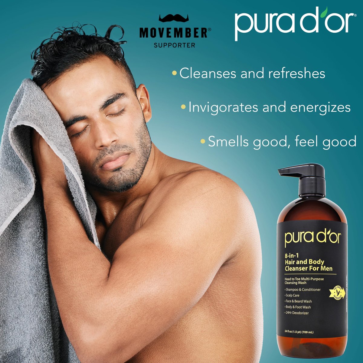 PURA D'OR 8-in-1 Hair & Body Cleanser for Men – Sulfate-Free Multi-Use Wash (24 oz) with Organic Aloe Vera, Cedarwood & Lemongrass Avelisse