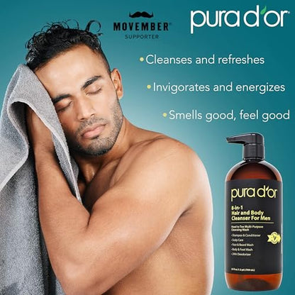PURA D'OR 8-in-1 Hair & Body Cleanser for Men – Sulfate-Free Multi-Use Wash (24 oz) with Organic Aloe Vera, Cedarwood & Lemongrass Avelisse