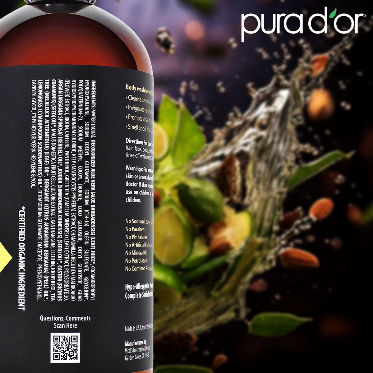 PURA D'OR 8-in-1 Hair & Body Cleanser for Men – Sulfate-Free Multi-Use Wash (24 oz) with Organic Aloe Vera, Cedarwood & Lemongrass Avelisse