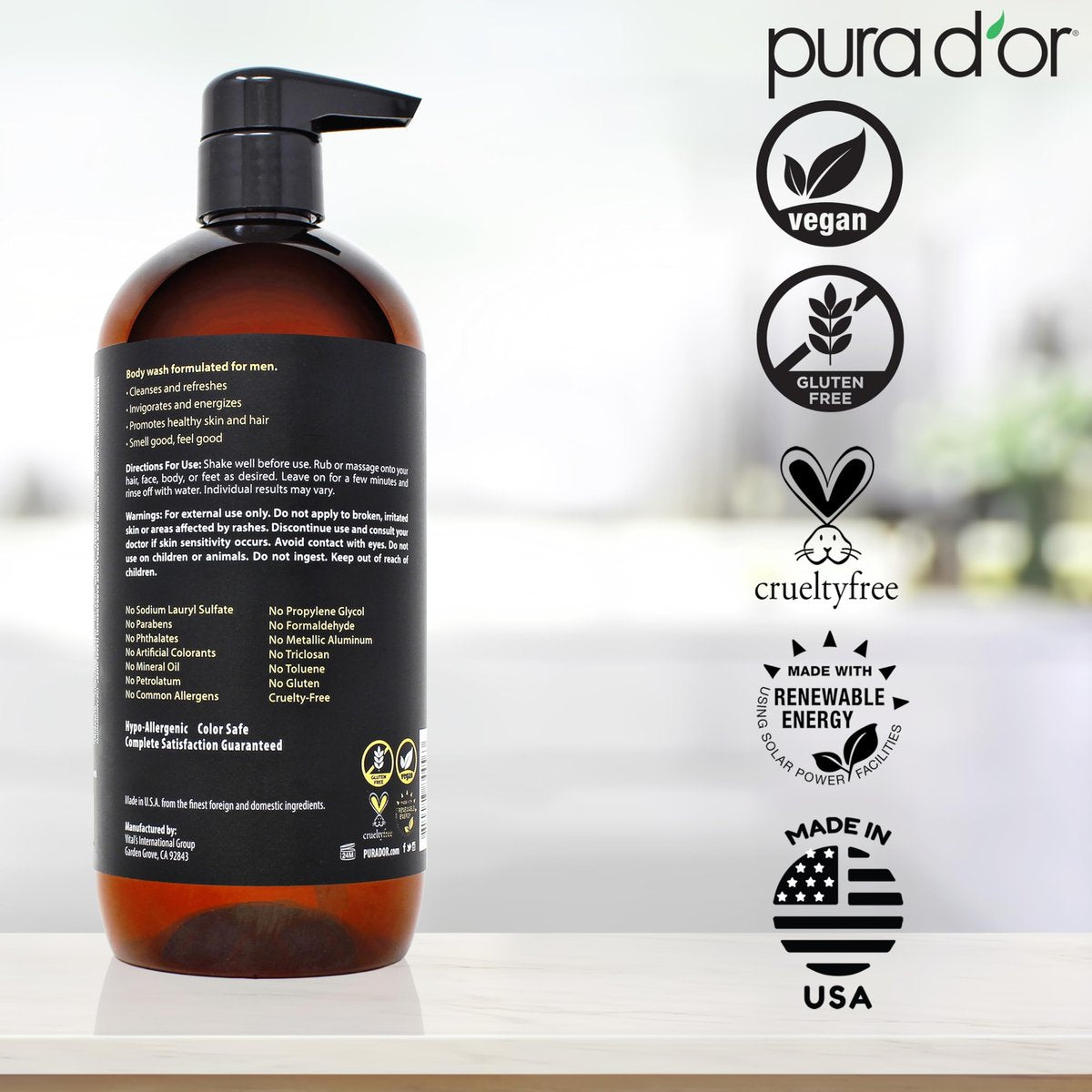 PURA D'OR 8-in-1 Hair & Body Cleanser for Men – Sulfate-Free Multi-Use Wash (24 oz) with Organic Aloe Vera, Cedarwood & Lemongrass Avelisse