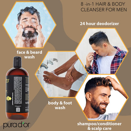 PURA D'OR 8-in-1 Hair & Body Cleanser for Men – Sulfate-Free Multi-Use Wash (24 oz) with Organic Aloe Vera, Cedarwood & Lemongrass Avelisse