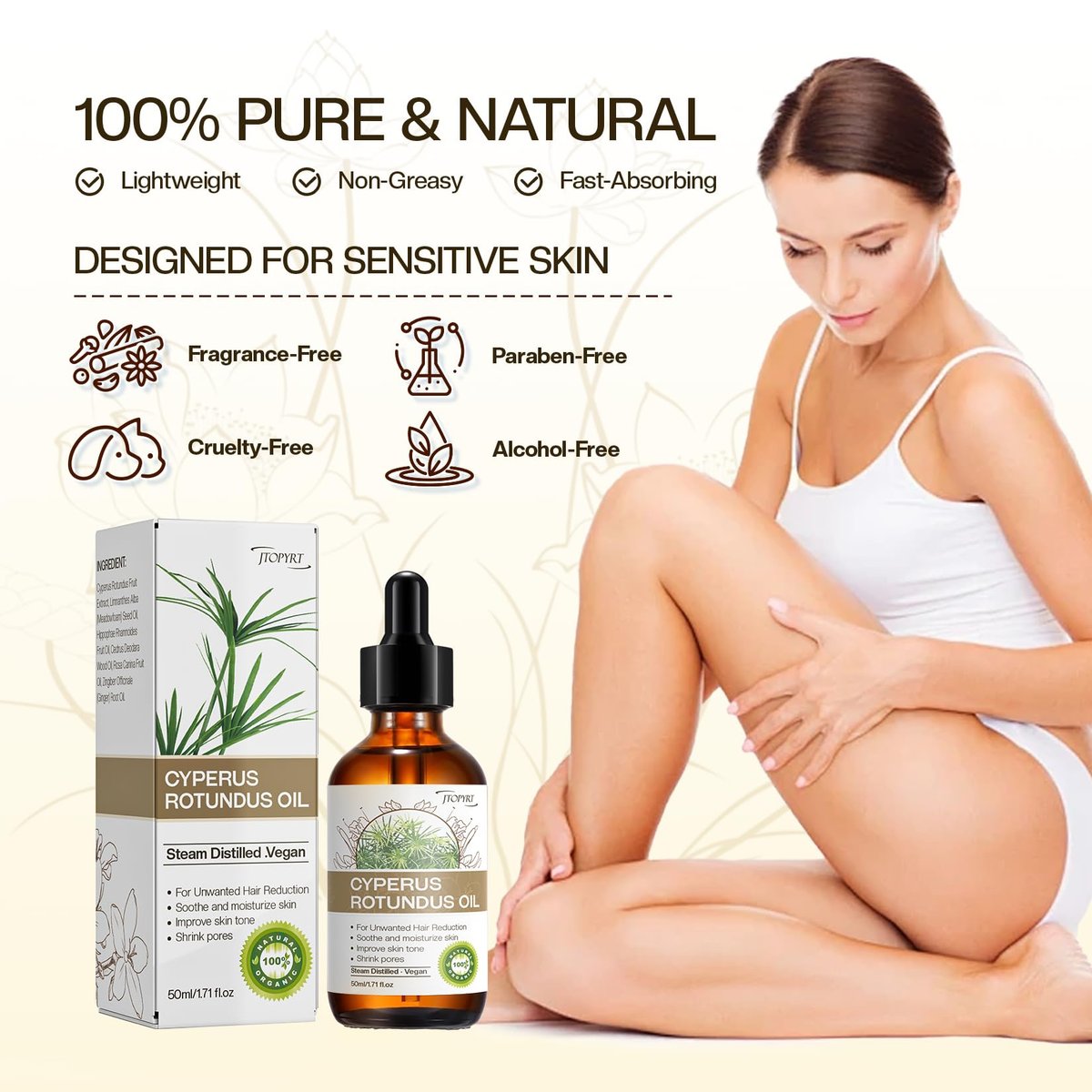 Jtopyrt Cyperus Rotundus Oil for Hair Removal – Reduces Unwanted Hair Growth, Slows Regrowth, Soothes Skin & Shrinks Pores, Suitable for All Skin Types (1.71 Fl Oz) - görsel 3