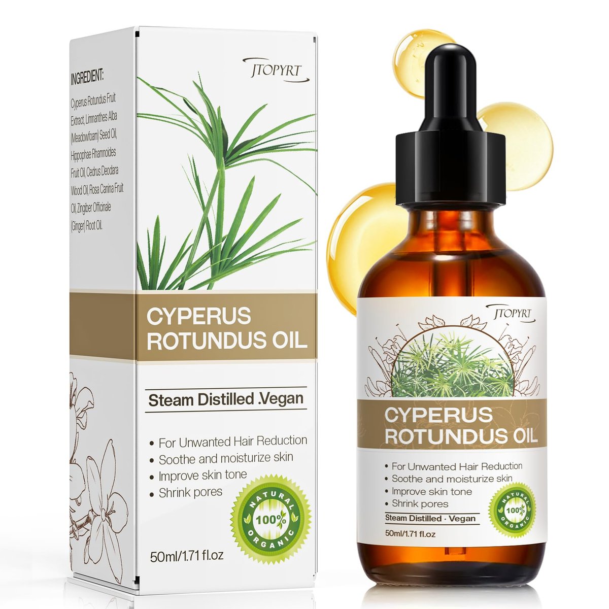 Jtopyrt Cyperus Rotundus Oil for Hair Removal – Reduces Unwanted Hair Growth, Slows Regrowth, Soothes Skin & Shrinks Pores, Suitable for All Skin Types (1.71 Fl Oz) - görsel 1