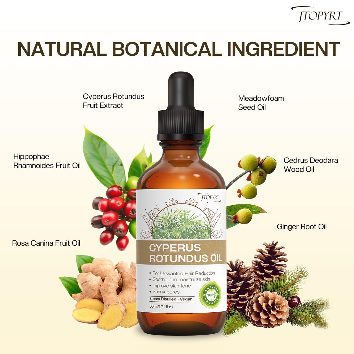 Jtopyrt Cyperus Rotundus Oil for Hair Removal – Reduces Unwanted Hair Growth, Slows Regrowth, Soothes Skin & Shrinks Pores, Suitable for All Skin Types (1.71 Fl Oz) - görsel 5