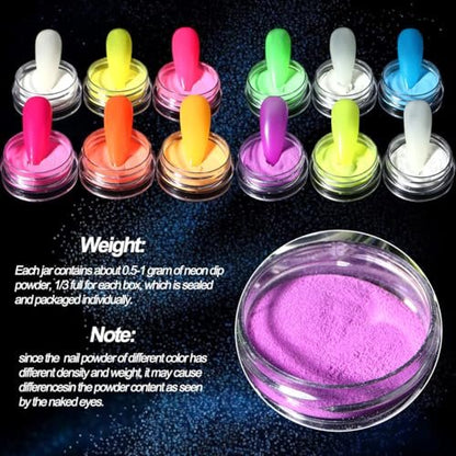 12-Color Glow in The Dark Pigment Powder Set | Luminous Iridescent Nail Art & DIY Craft Glitter