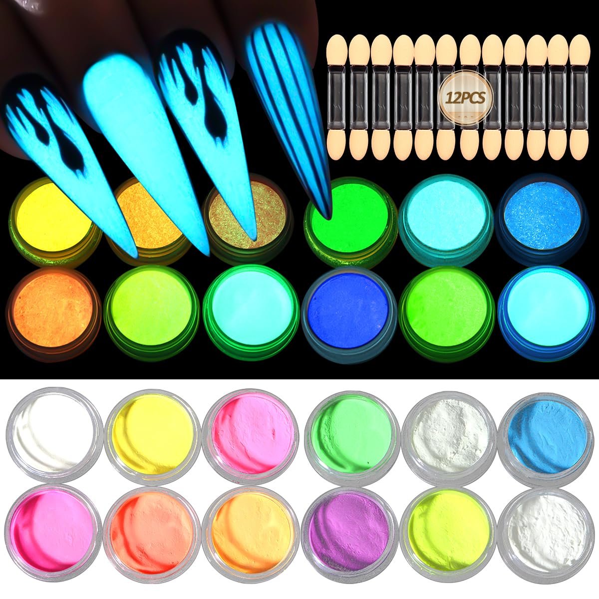 12-Color Glow in The Dark Pigment Powder Set | Luminous Iridescent Nail Art & DIY Craft Glitter - görsel 1