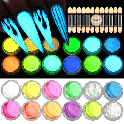 12-Color Glow in The Dark Pigment Powder Set | Luminous Iridescent Nail Art & DIY Craft Glitter