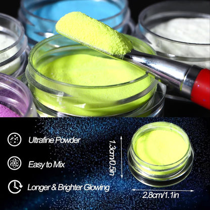 12-Color Glow in The Dark Pigment Powder Set | Luminous Iridescent Nail Art & DIY Craft Glitter