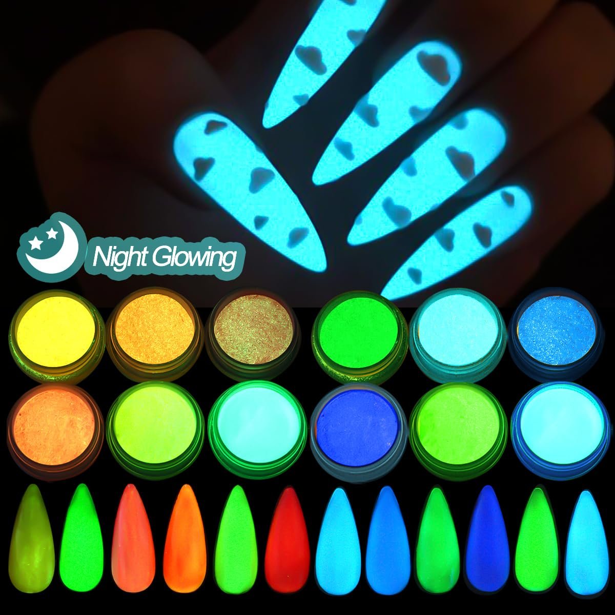 12-Color Glow in The Dark Pigment Powder Set | Luminous Iridescent Nail Art & DIY Craft Glitter - görsel 3