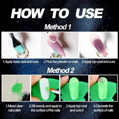 12-Color Glow in The Dark Pigment Powder Set | Luminous Iridescent Nail Art & DIY Craft Glitter