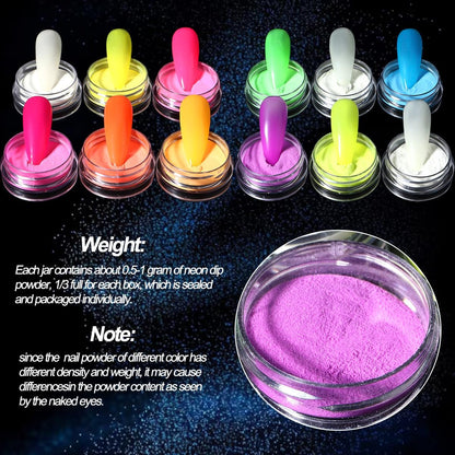 12-Color Glow in The Dark Pigment Powder Set | Luminous Iridescent Nail Art & DIY Craft Glitter