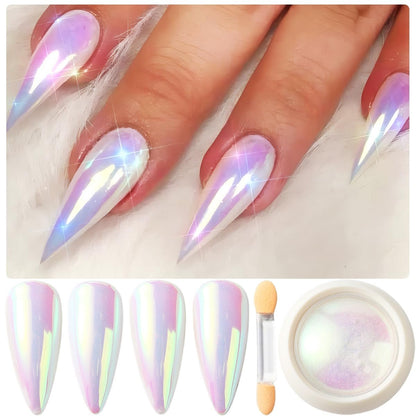 Holographic Unicorn Chrome Nail Powder - Aurora Rainbow Neon Pigment with Brushes for Nail Art Decoration