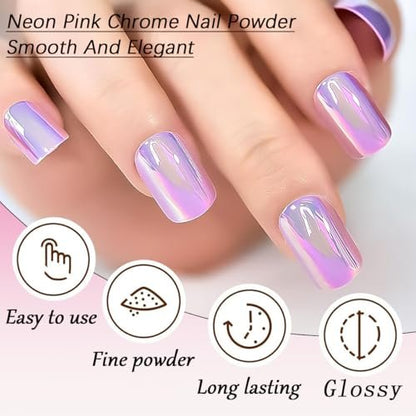 Holographic Unicorn Chrome Nail Powder - Aurora Rainbow Neon Pigment with Brushes for Nail Art Decoration