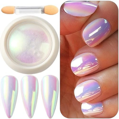 Holographic Unicorn Chrome Nail Powder - Aurora Rainbow Neon Pigment with Brushes for Nail Art Decoration