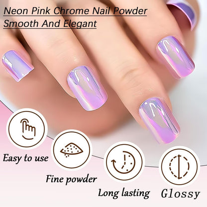 Holographic Unicorn Chrome Nail Powder - Aurora Rainbow Neon Pigment with Brushes for Nail Art Decoration