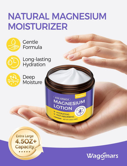 Wagomars Natural Magnesium Lotion - Magnesium Cream with Arnica, Shea Butter & Coconut Oil, Moisturizing Body Cream for All Skin Types, 4.5 Fl Oz