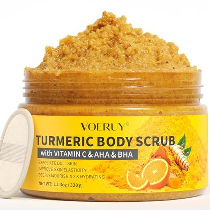 VOERUY Turmeric Body Scrub with 10% AHA/BHA & Vitamin C - Exfoliating Body Scrub for Smooth, Moisturized Skin - Body Exfoliator for Hands, Feet, Bikini Area - 11.3 oz
