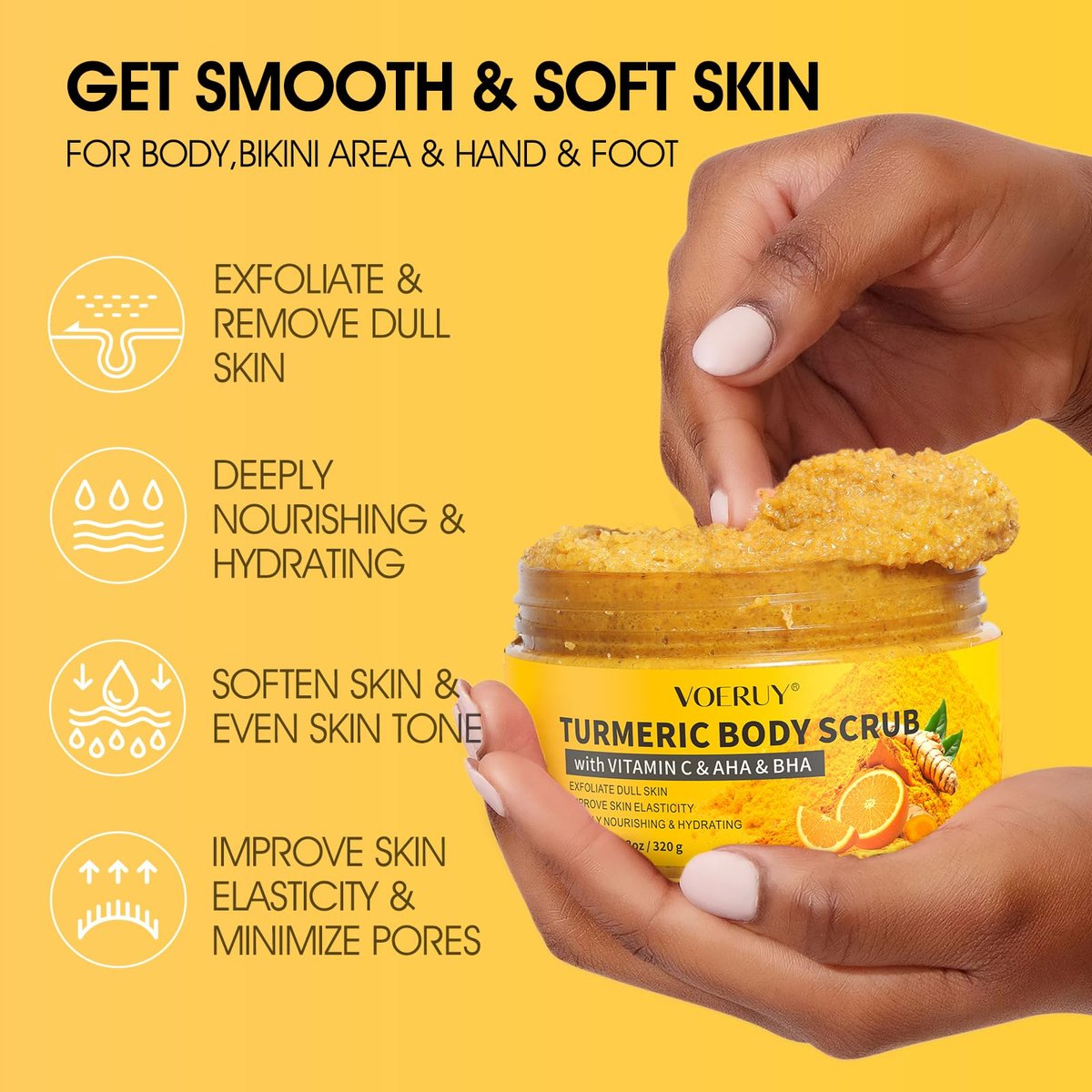 VOERUY Turmeric Body Scrub with 10% AHA/BHA & Vitamin C - Exfoliating Body Scrub for Smooth, Moisturized Skin - Body Exfoliator for Hands, Feet, Bikini Area - 11.3 oz - görsel 5