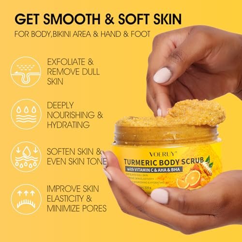 VOERUY Turmeric Body Scrub with 10% AHA/BHA & Vitamin C - Exfoliating Body Scrub for Smooth, Moisturized Skin - Body Exfoliator for Hands, Feet, Bikini Area - 11.3 oz - görsel 6