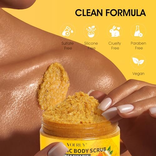 VOERUY Turmeric Body Scrub with 10% AHA/BHA & Vitamin C - Exfoliating Body Scrub for Smooth, Moisturized Skin - Body Exfoliator for Hands, Feet, Bikini Area - 11.3 oz - görsel 8