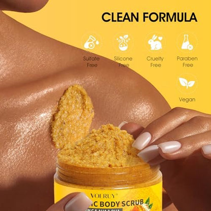 VOERUY Turmeric Body Scrub with 10% AHA/BHA & Vitamin C - Exfoliating Body Scrub for Smooth, Moisturized Skin - Body Exfoliator for Hands, Feet, Bikini Area - 11.3 oz