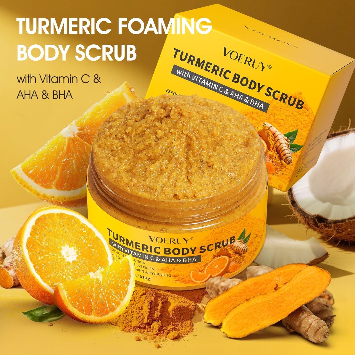 VOERUY Turmeric Body Scrub with 10% AHA/BHA & Vitamin C - Exfoliating Body Scrub for Smooth, Moisturized Skin - Body Exfoliator for Hands, Feet, Bikini Area - 11.3 oz - görsel 13