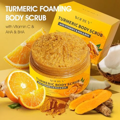VOERUY Turmeric Body Scrub with 10% AHA/BHA & Vitamin C - Exfoliating Body Scrub for Smooth, Moisturized Skin - Body Exfoliator for Hands, Feet, Bikini Area - 11.3 oz