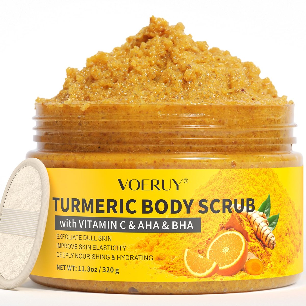 VOERUY Turmeric Body Scrub with 10% AHA/BHA & Vitamin C - Exfoliating Body Scrub for Smooth, Moisturized Skin - Body Exfoliator for Hands, Feet, Bikini Area - 11.3 oz - görsel 1