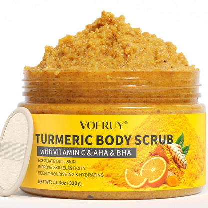 VOERUY Turmeric Body Scrub with 10% AHA/BHA & Vitamin C - Exfoliating Body Scrub for Smooth, Moisturized Skin - Body Exfoliator for Hands, Feet, Bikini Area - 11.3 oz