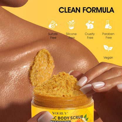 VOERUY Turmeric Body Scrub with 10% AHA/BHA & Vitamin C - Exfoliating Body Scrub for Smooth, Moisturized Skin - Body Exfoliator for Hands, Feet, Bikini Area - 11.3 oz
